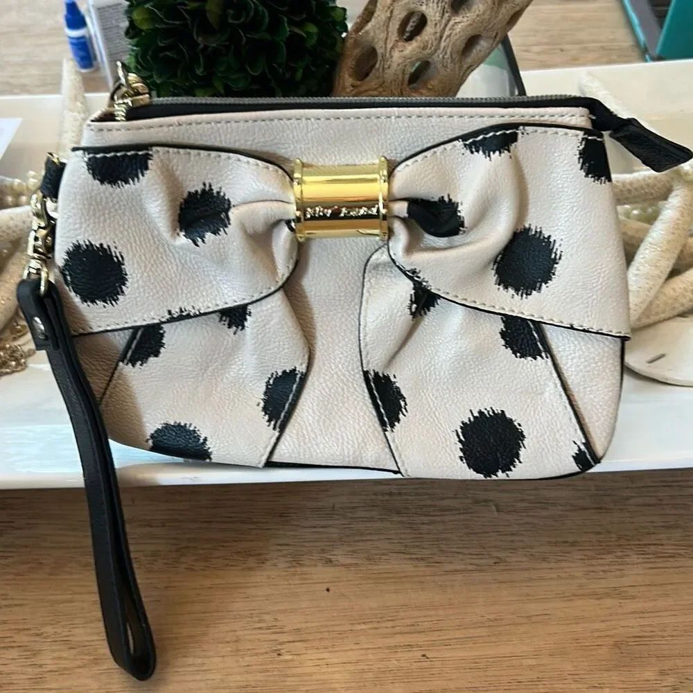 Betsy Johnson beige black polkadot bow wristlet clutch